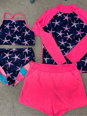 Lands' End Girls' 14-16 4 piece Navy Hot Pink reversible swim set